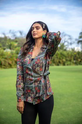 Floral Frame Tie-up Green Shirt-S