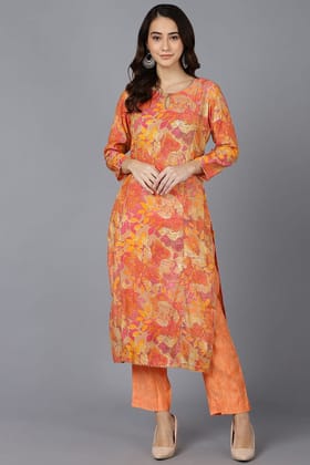 Beige & Orange Poly Silk Straight Kurta VCK8664