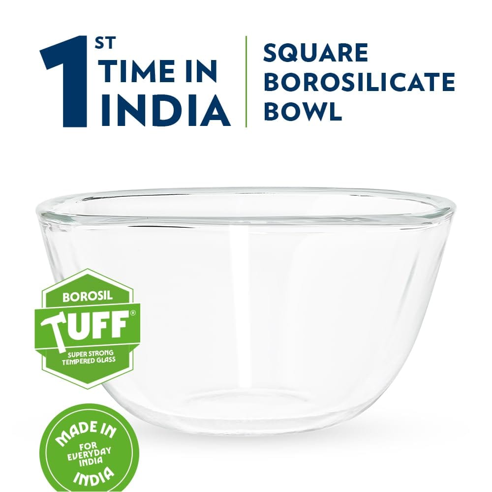 Borosil Square Shape Serving & Mixing Bowl | Borosilicate Glass Bowl for Kitchen & Dinning | Bowl for Mixing Dough, Salad, Batter | Microwave & Dishwasher Safe | Transparent