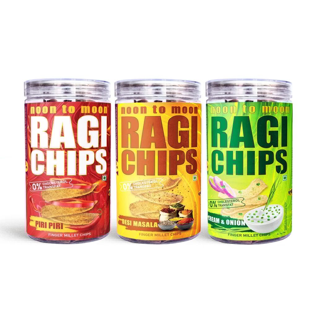 Ragi Chips-Assorted Flavours-Piri Piri, Cream and Onion & Desi Masala (3x150g)