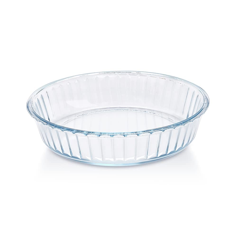 Borosil 1.5 L Baking & Serving Round Shape Fluted Dish | Borosilicate Glass Bakeware and Serveware Tray | Microwave, Oven & Dishwasher Safe Bowl | Transparent