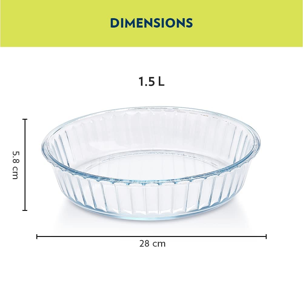 Borosil 1.5 L Baking & Serving Round Shape Fluted Dish | Borosilicate Glass Bakeware and Serveware Tray | Microwave, Oven & Dishwasher Safe Bowl | Transparent