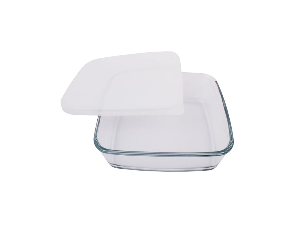 Borosil 800ml Baking & Serving Square Shape Dish with White Lid | Borosilicate Glass Bakeware and Serveware Tray