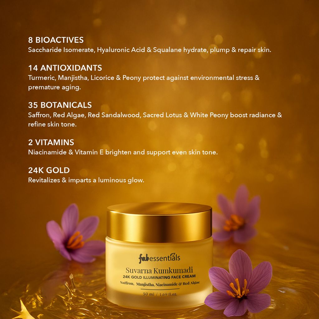 Fabessentials Suvarna Kumkumadi 24K Gold Face Cream 50ml | Brightening Face Cream for Glowing Skin | Face Cream with Saffron, Niacinamide & Red Algae | Illuminating Moisturizer for All Skin Types
