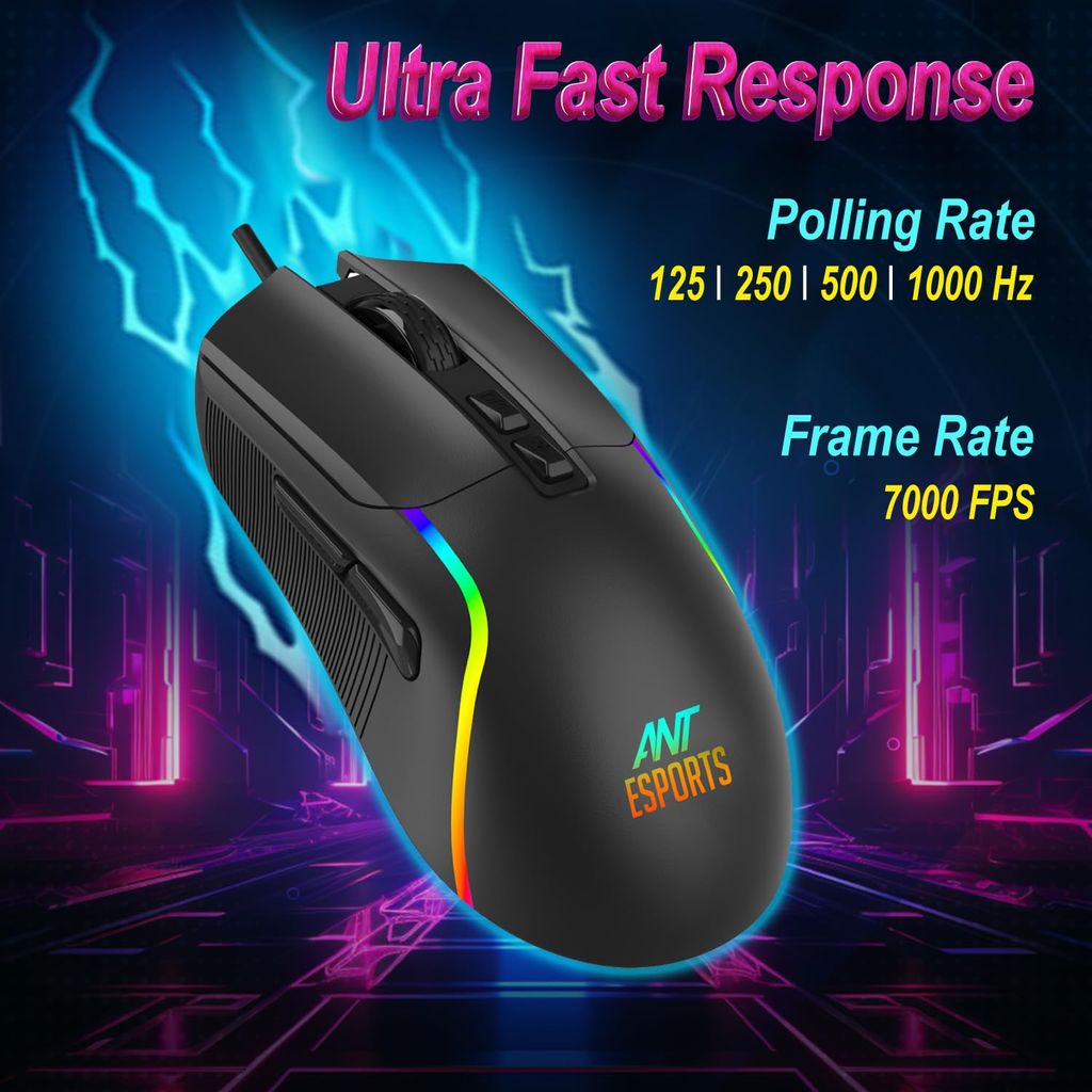 Ant Esports GM380 Wired RGB Gaming Mouse, 12800 DPI Optical Sensor, 6 Programmable Macros, Software Support for Custom Key Config, and RGB 