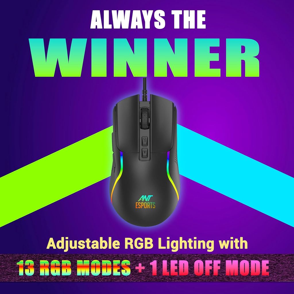 Ant Esports GM380 Wired RGB Gaming Mouse, 12800 DPI Optical Sensor, 6 Programmable Macros, Software Support for Custom Key Config, and RGB 