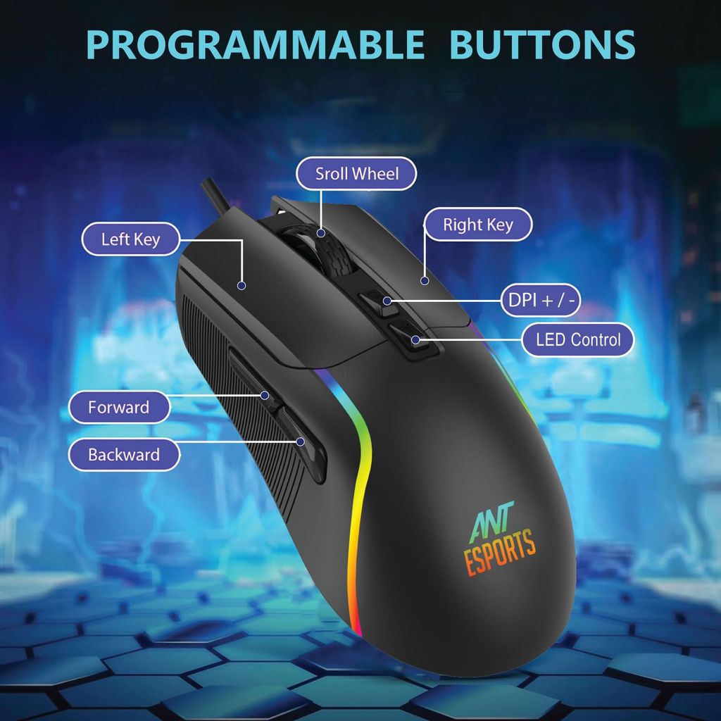 Ant Esports GM380 Wired RGB Gaming Mouse, 12800 DPI Optical Sensor, 6 Programmable Macros, Software Support for Custom Key Config, and RGB 