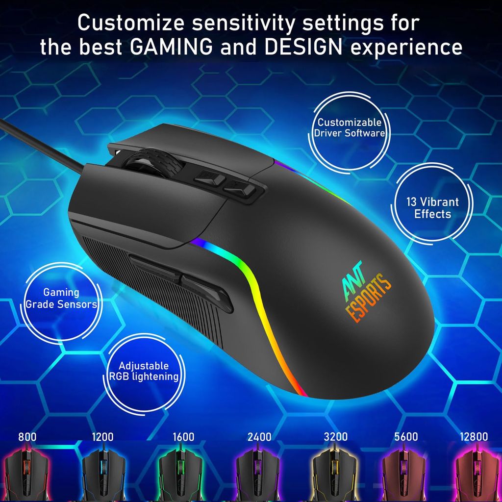Ant Esports GM380 Wired RGB Gaming Mouse, 12800 DPI Optical Sensor, 6 Programmable Macros, Software Support for Custom Key Config, and RGB 