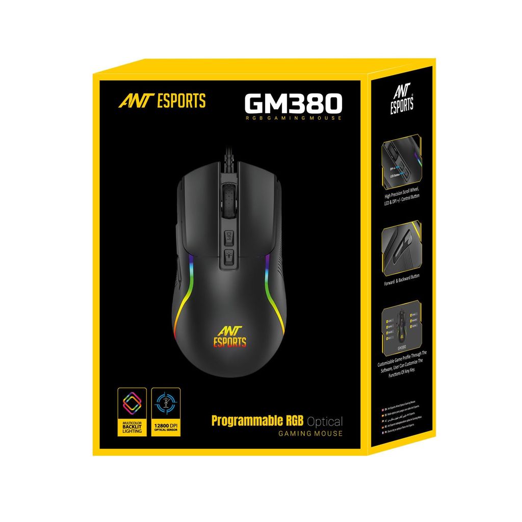 Ant Esports GM380 Wired RGB Gaming Mouse, 12800 DPI Optical Sensor, 6 Programmable Macros, Software Support for Custom Key Config, and RGB 