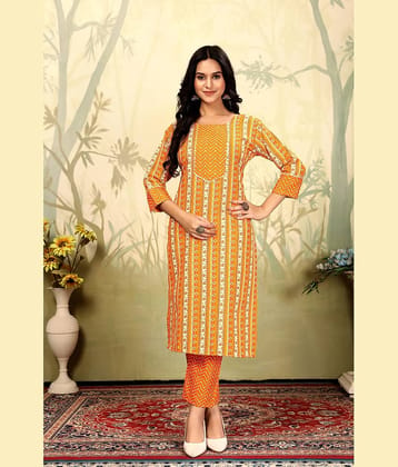 YAGNIK FASHION Women Cotton Solid Straight Kurti With Pants ( Orange )