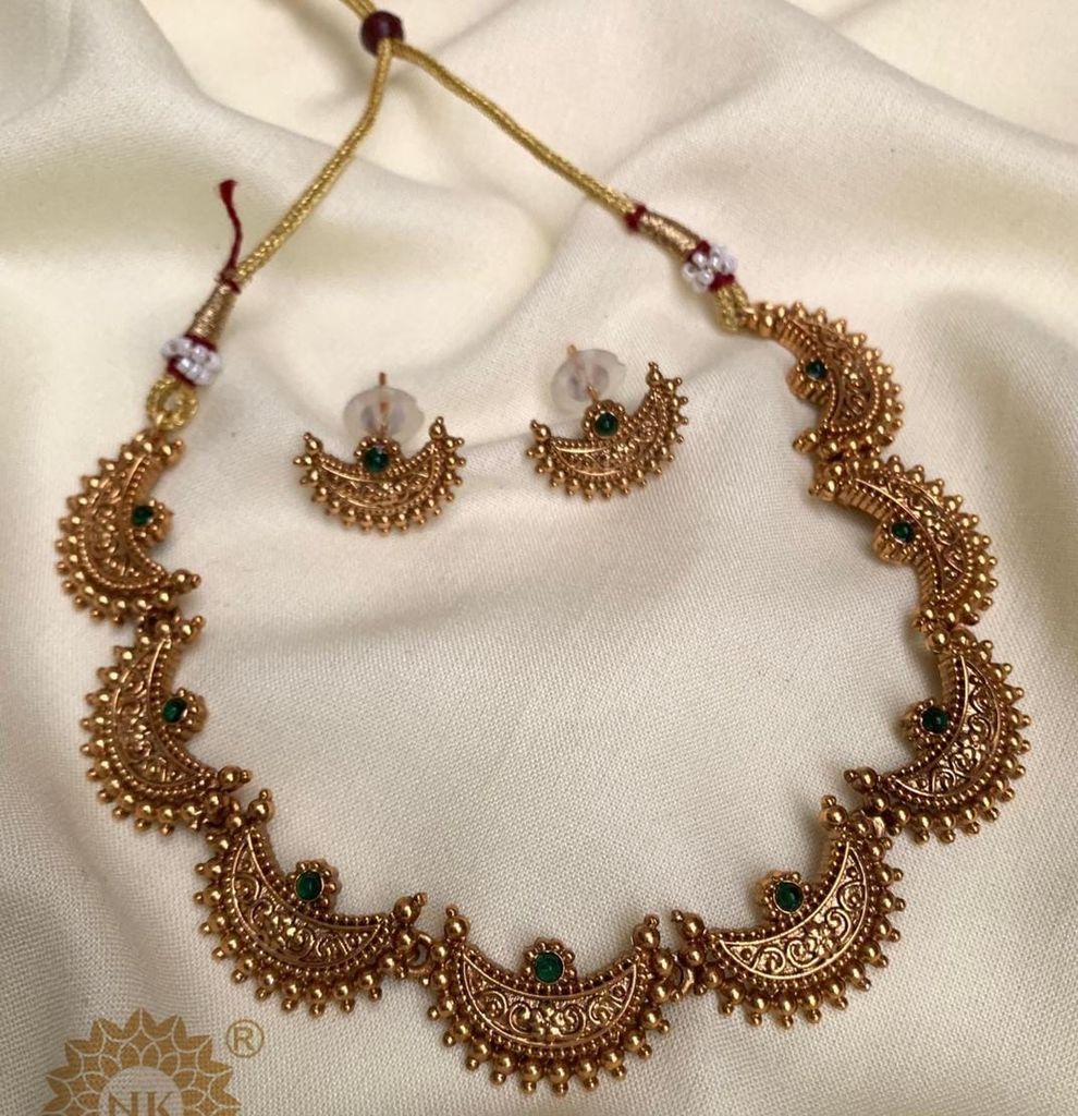 Gold-Toned Crescent Necklace & Earring Set with Green Accents