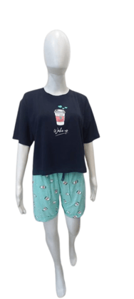 Women's Cotton Night Suit – Navy Blue Crop Top & Mint Green Printed Shorts