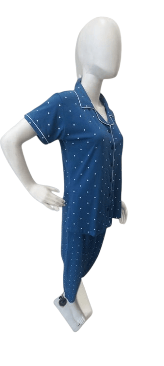 Trendy Women Women's Polka Dot Cotton Night Suit – Blue Button-Down Shirt & Matching Pants Set 2