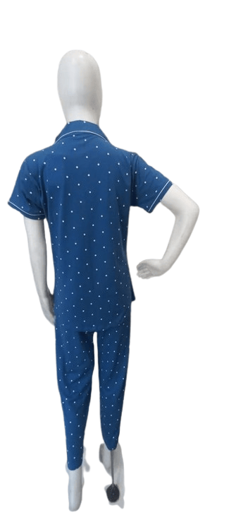 Trendy Women Women's Polka Dot Cotton Night Suit – Blue Button-Down Shirt & Matching Pants Set 2