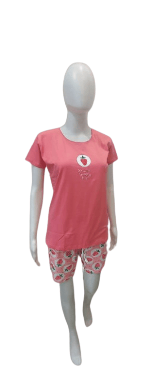 Chic Women Women’s Cotton Printed Nightwear Set – Strawberry Design T-Shirt & Shorts Combo (Pink