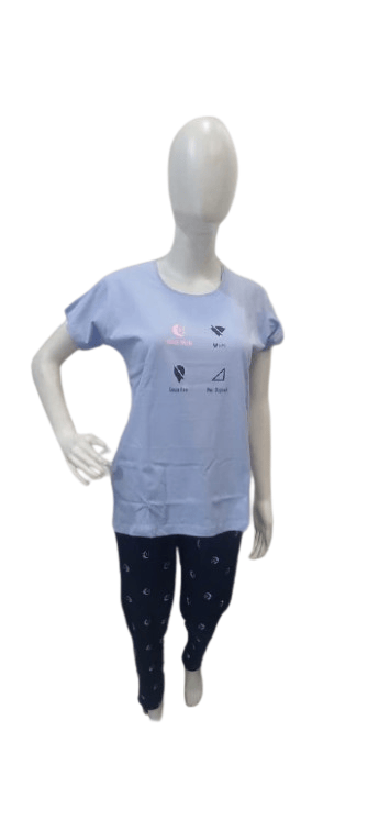 Elegant Women Women’s Cotton Nightwear Set – Light Blue Sleep Mode Printed Top & Navy Pajama Com
