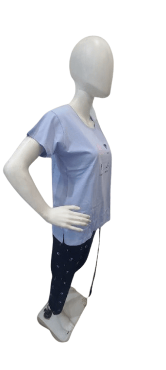 Elegant Women Women’s Cotton Nightwear Set – Light Blue Sleep Mode Printed Top & Navy Pajama Com