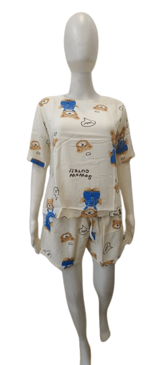 Women’s Cute Teddy Print Nightwear Set – Half Sleeve Top & Shorts Pajama Set (Cream) - Nightwear & Loungewear | Buy online on ZillyBuy