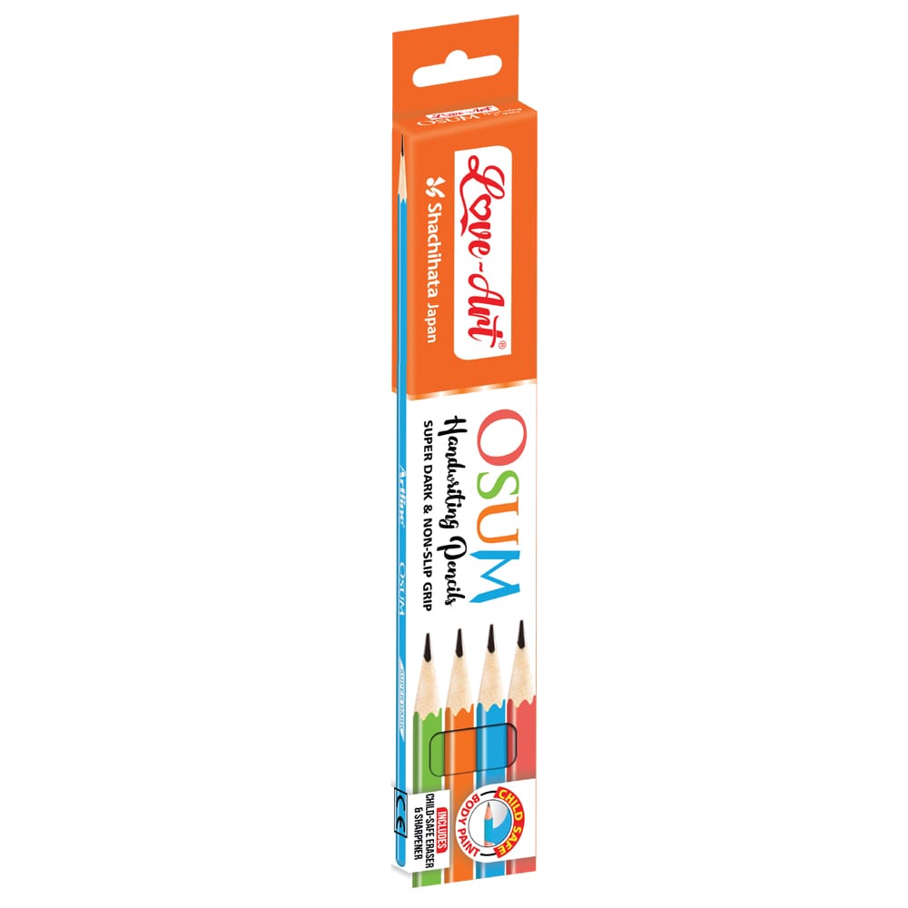 Love-Art Osum Triangular Pencils, Triangular Shape for Comfortable Grip, Intense Dark Writing, Child Safe Body Paint, Free Eraser & Sharpener (Pack of 10 Pencils)