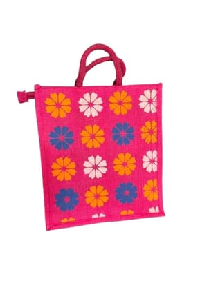 Floral Jute Tote Bag - Pink with Flowers