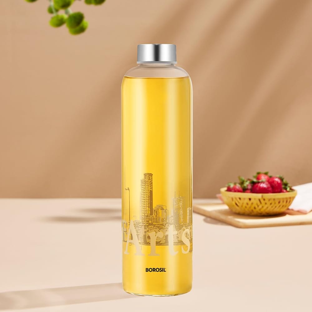 Borosil 1 L Artisan Roma Water Bottle with Steel Lid | Borosilicate Glass Narrow Mouth Bottle for Fridge