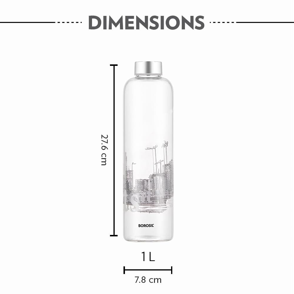 Borosil 1 L Artisan Roma Water Bottle with Steel Lid | Borosilicate Glass Narrow Mouth Bottle for Fridge