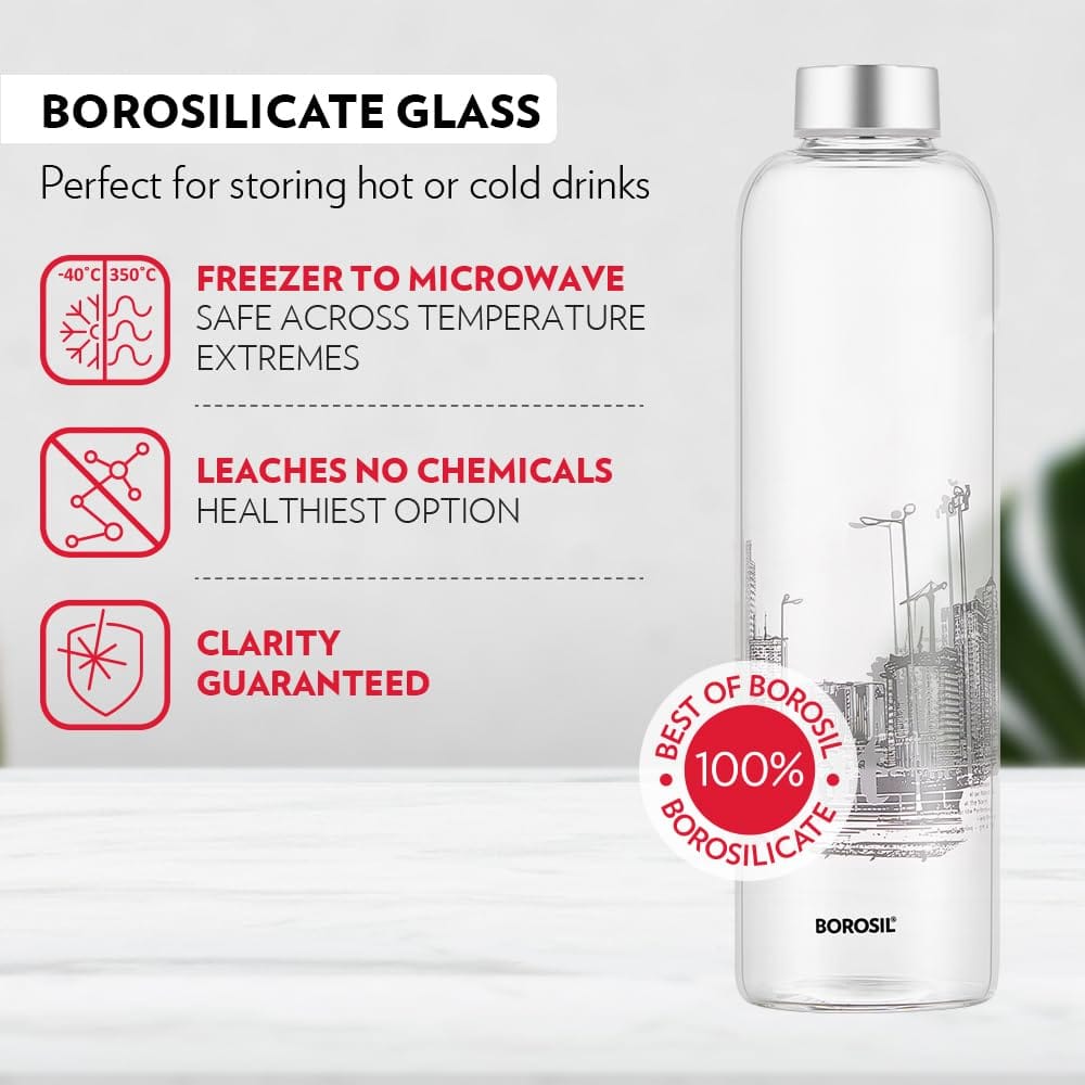 Borosil 1 L Artisan Roma Water Bottle with Steel Lid | Borosilicate Glass Narrow Mouth Bottle for Fridge