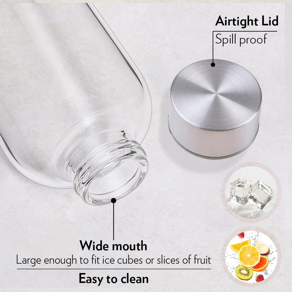 Borosil 1 L Artisan Roma Water Bottle with Steel Lid | Borosilicate Glass Narrow Mouth Bottle for Fridge