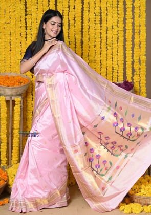 Rajsi~ Handloom Pure Silk Paithani Handcrafted By Senior Weavers with Handcrafted Pallu ~Peach