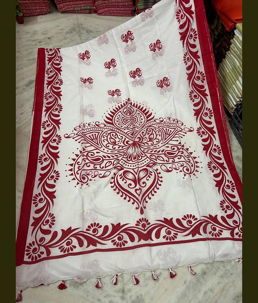 SARADA HANDLOOM Cotton Printed Saree With Unstitched Blouse Piece ( White )