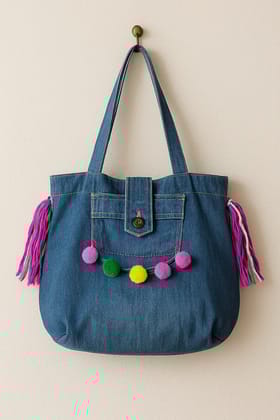 Denim Tote Bag with Pom-Poms and Tassels - Stylish & Durable
