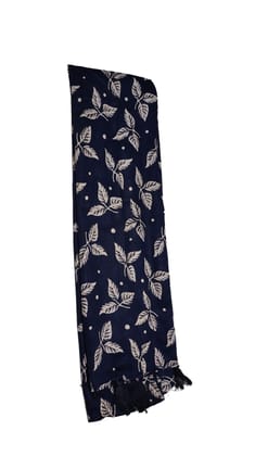 Navy Blue Leaf Print Scarf with Tassels