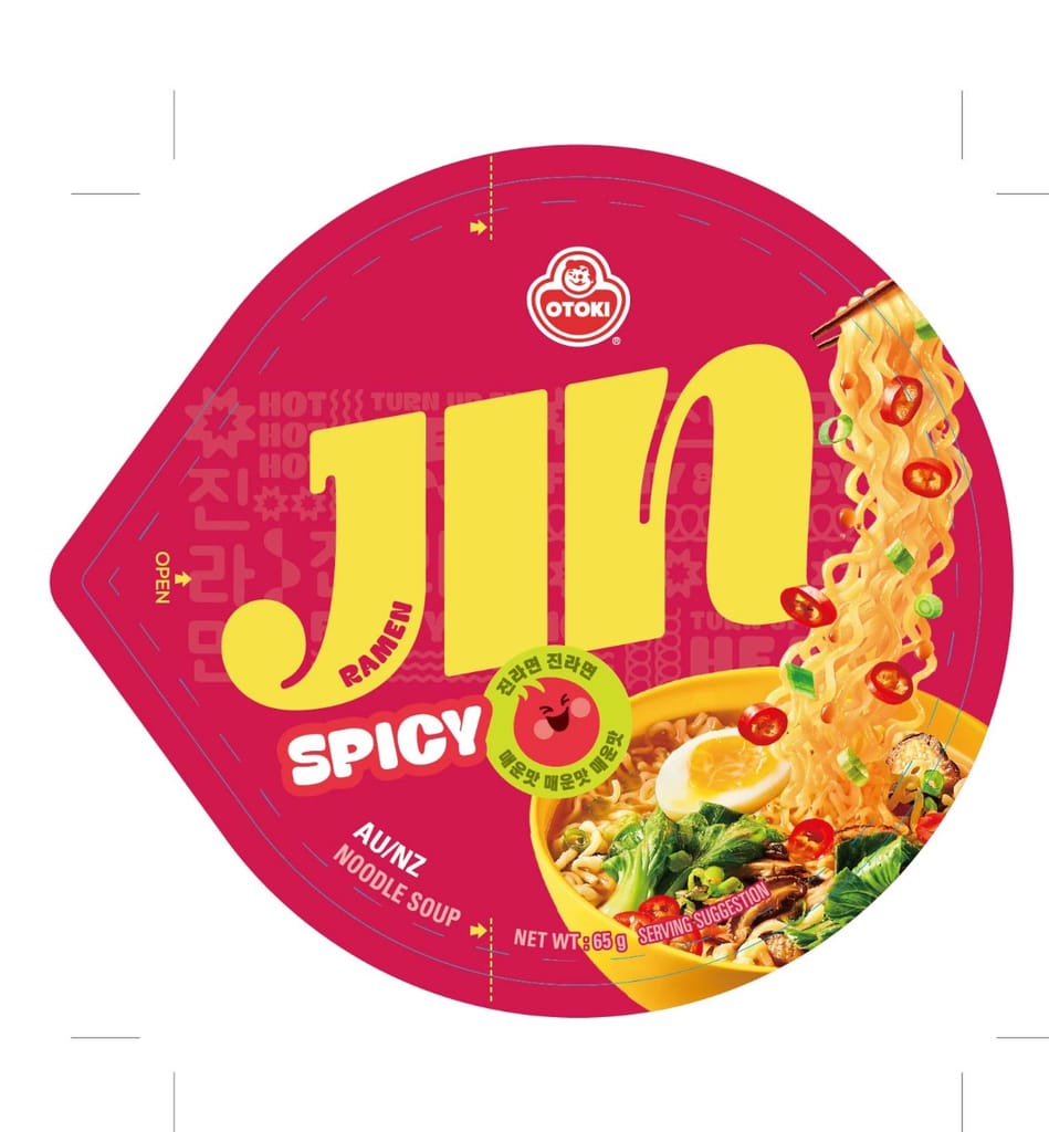 OTOKI Jin Ramen Spicy Flavor Korean Style Instant Noodles 65 Gram Cup, Vegetarian, The Product of Korea