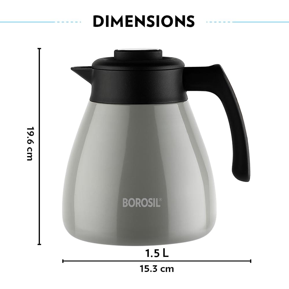 Borosil Stainless Steel Teapot Birch | 1500ml Teapot with Handle | Double Wall Vacuum Insulated Thermosteel Carafe