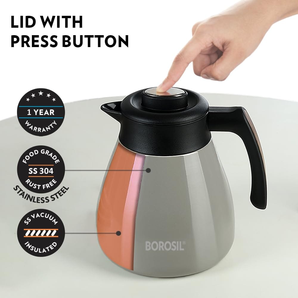 Borosil Stainless Steel Teapot Birch | 1500ml Teapot with Handle | Double Wall Vacuum Insulated Thermosteel Carafe
