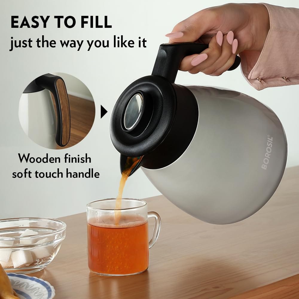 Borosil Stainless Steel Teapot Birch | 1500ml Teapot with Handle | Double Wall Vacuum Insulated Thermosteel Carafe