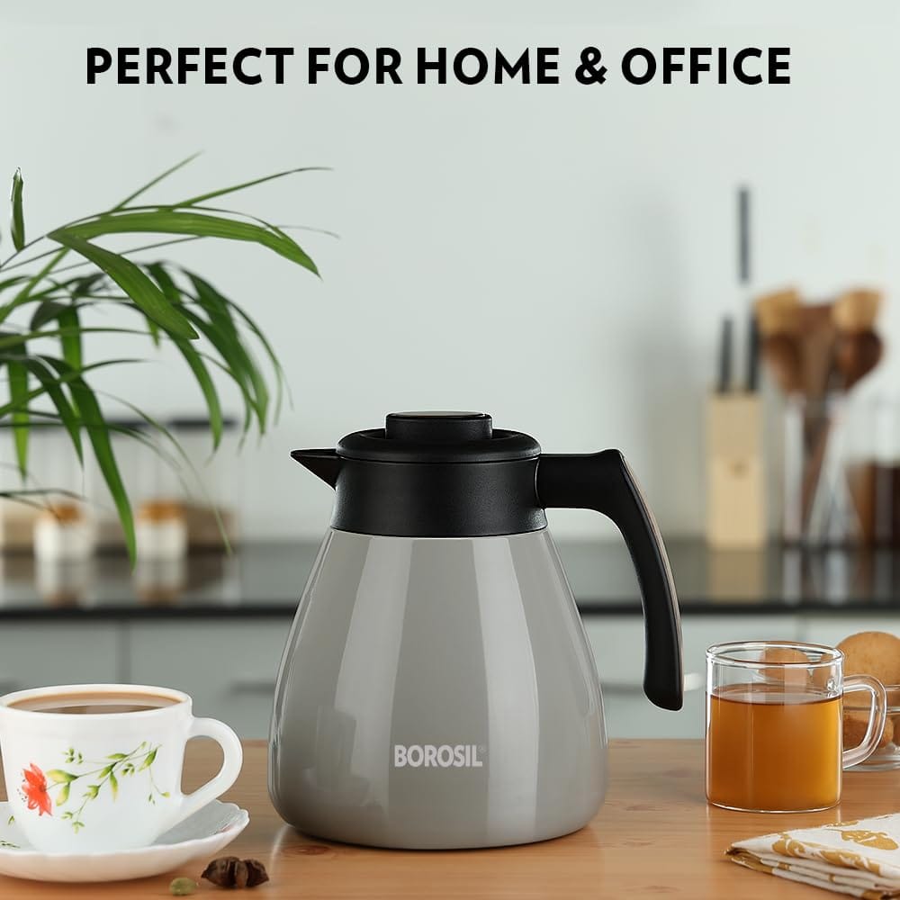 Borosil Stainless Steel Teapot Birch | 1500ml Teapot with Handle | Double Wall Vacuum Insulated Thermosteel Carafe