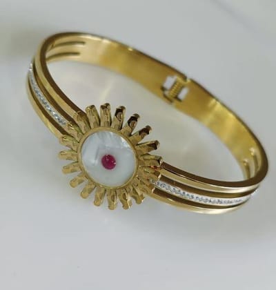 Stainless Steel Gold Plated Floral Shaped Evil Eye Kada- STK