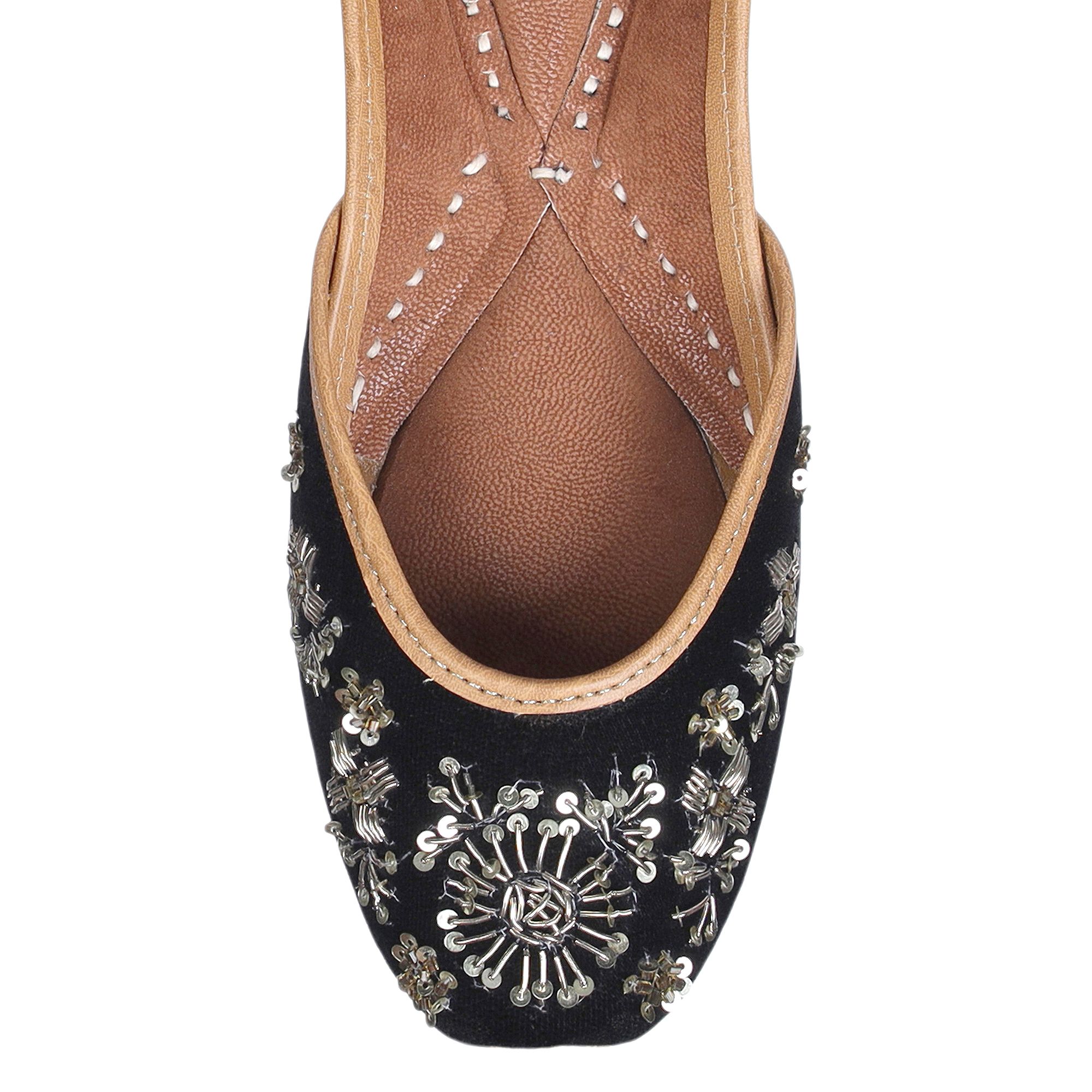RSK ETHNIC WEAR, Black Color Embroidered Handmade Jutti for Women with Soft Leather and Double Cushion