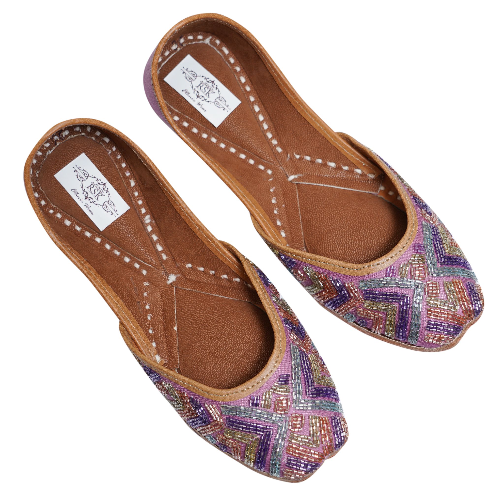 RSK ETHNIC WEAR, Lilac Color Embroidered Handmade Jutti for Women with Soft Leather and Double Cushion
