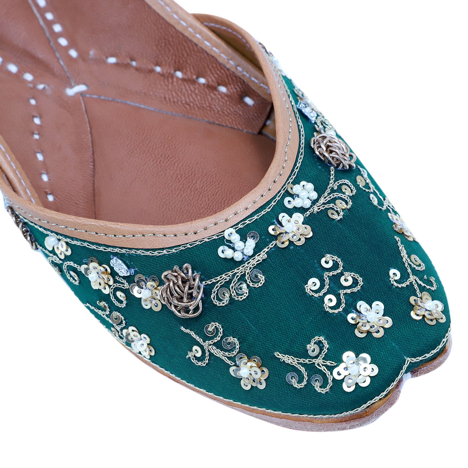RSK ETHNIC WEAR, Green Color Embroidered Handmade Jutti for Women with Soft Leather and Double Cushion