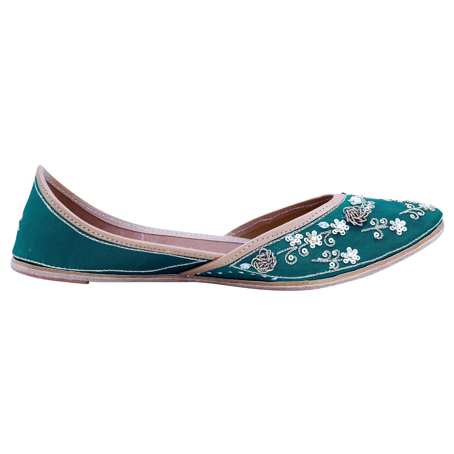 RSK ETHNIC WEAR, Green Color Embroidered Handmade Jutti for Women with Soft Leather and Double Cushion