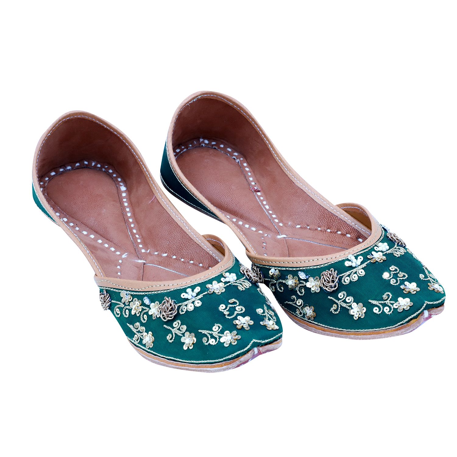 RSK ETHNIC WEAR, Green Color Embroidered Handmade Jutti for Women with Soft Leather and Double Cushion