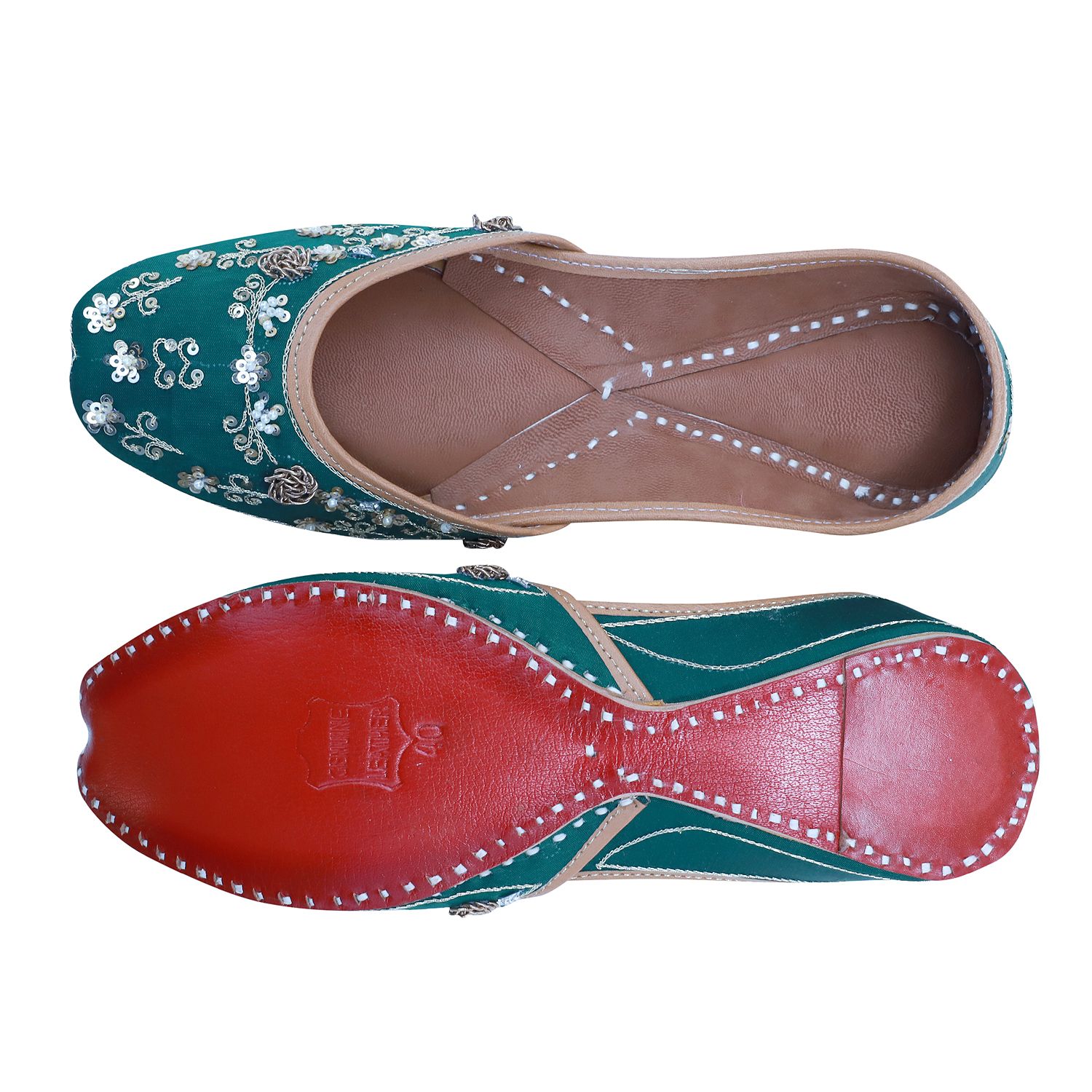 RSK ETHNIC WEAR, Green Color Embroidered Handmade Jutti for Women with Soft Leather and Double Cushion