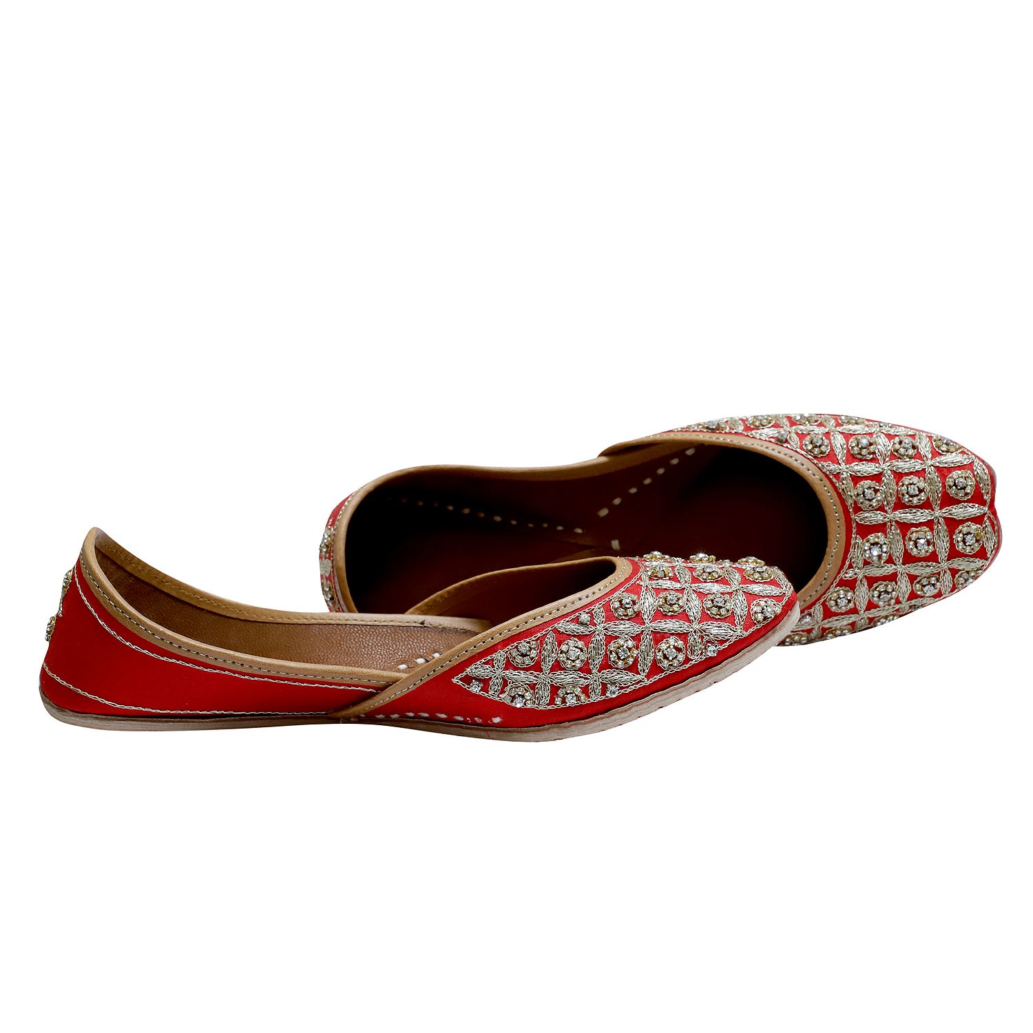 RSK ETHNIC WEAR, Red Color Embroidered Handmade Jutti for Women with Soft Leather and Double Cushion