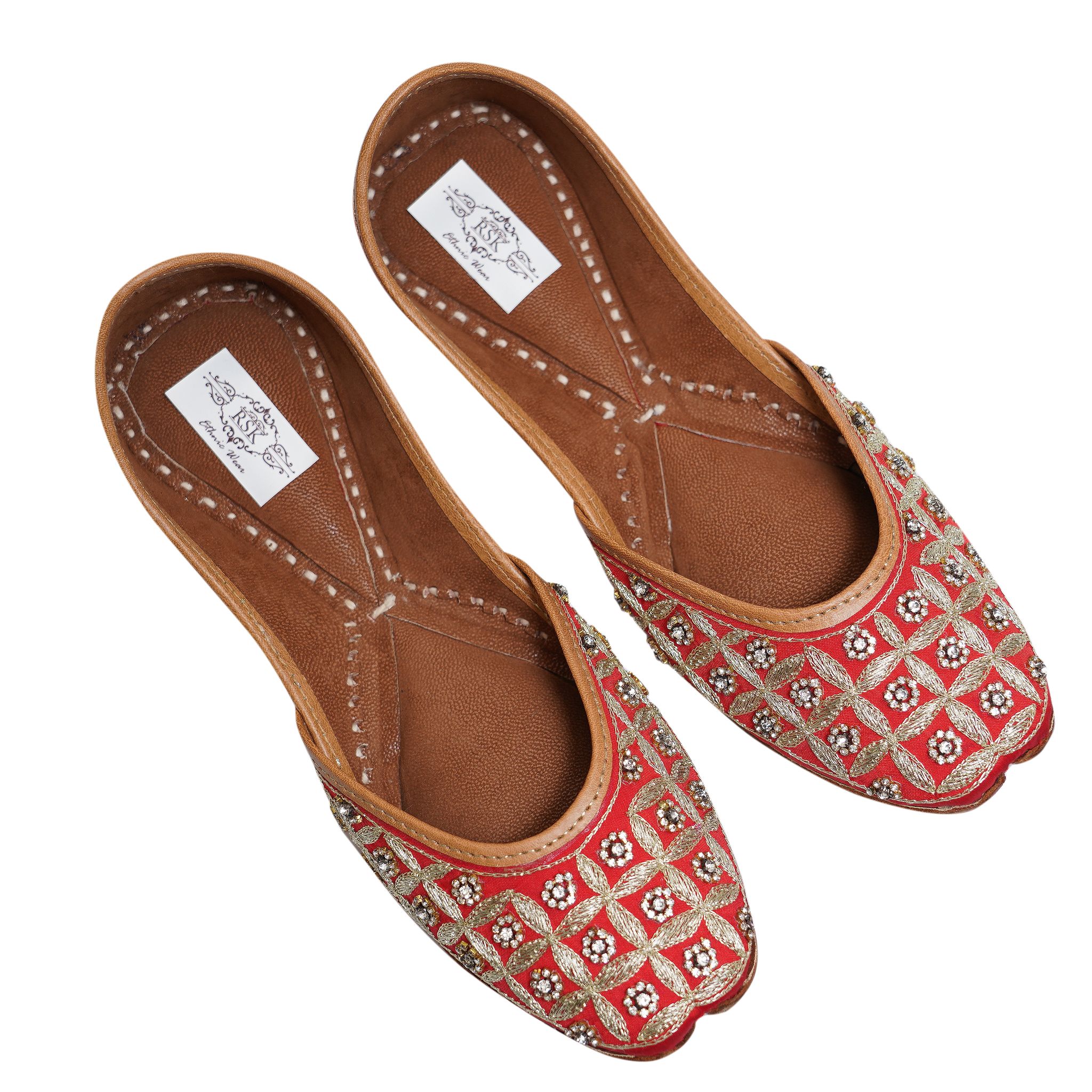 RSK ETHNIC WEAR, Red Color Embroidered Handmade Jutti for Women with Soft Leather and Double Cushion