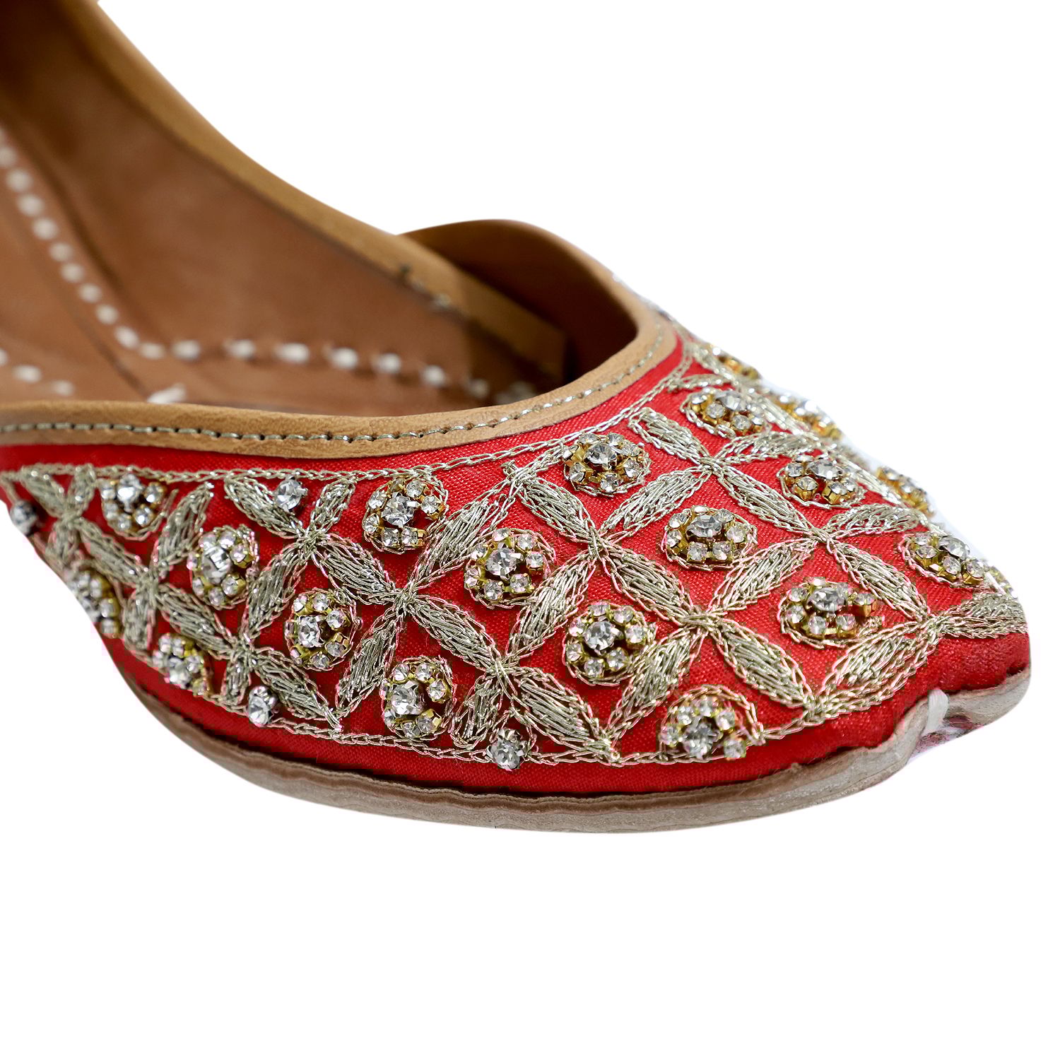 RSK ETHNIC WEAR, Red Color Embroidered Handmade Jutti for Women with Soft Leather and Double Cushion