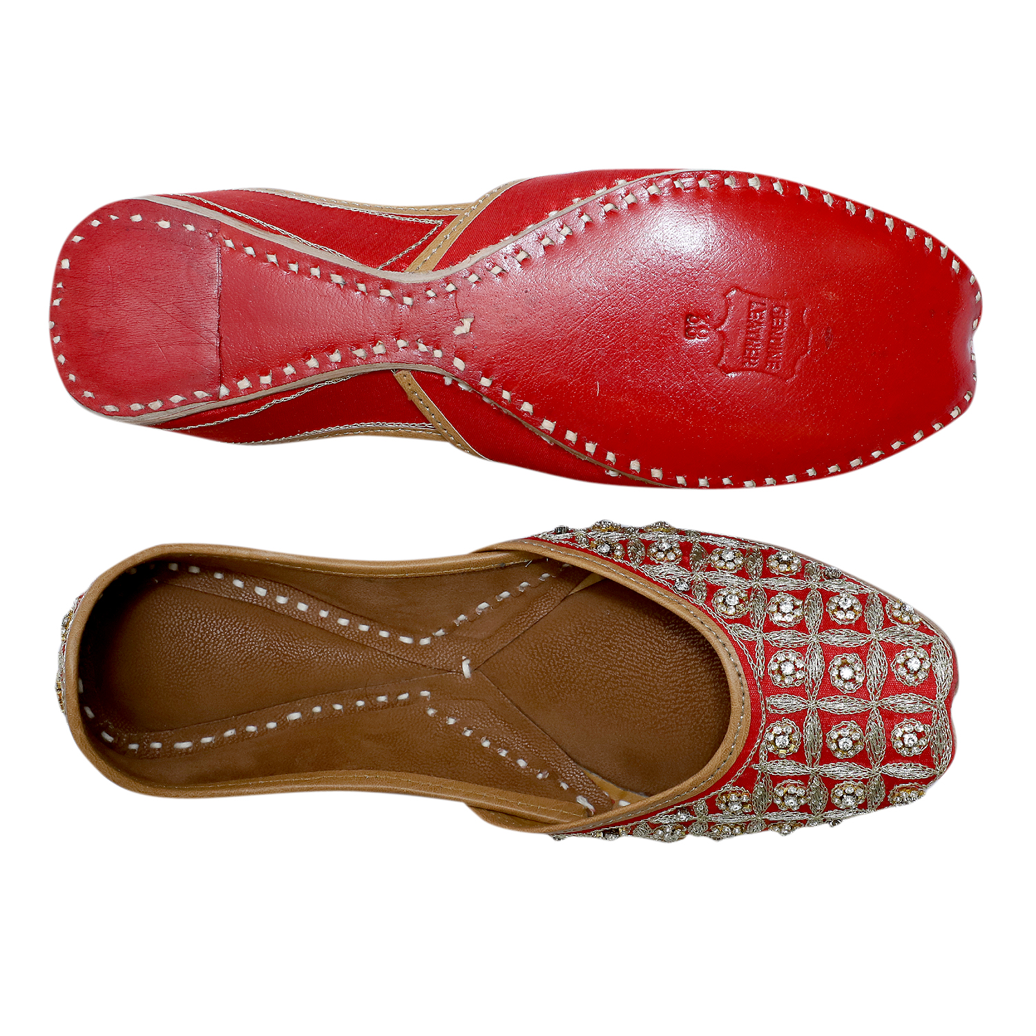 RSK ETHNIC WEAR, Red Color Embroidered Handmade Jutti for Women with Soft Leather and Double Cushion