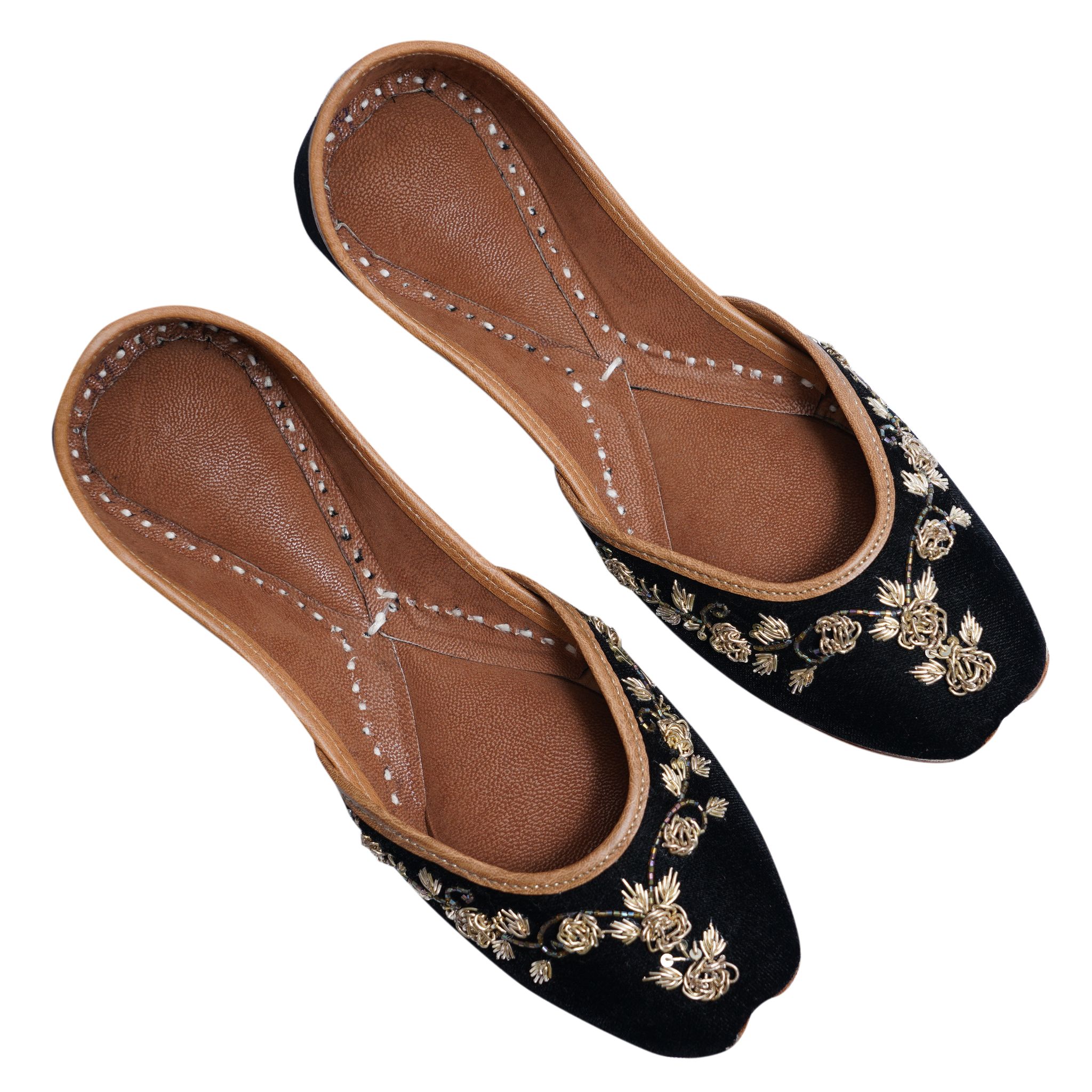 RSK ETHNIC WEAR, Black Color Embroidered Handmade Jutti for Women with Soft Leather and Double Cushion