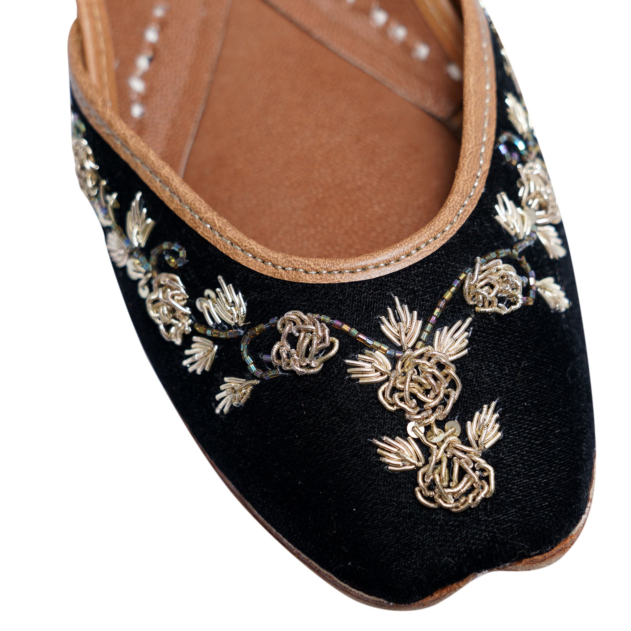 RSK ETHNIC WEAR, Black Color Embroidered Handmade Jutti for Women with Soft Leather and Double Cushion